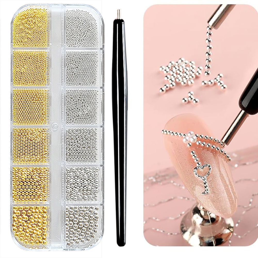Nail Art Valentines Day - 12 ô hạt caviar mini vàng/bạc
